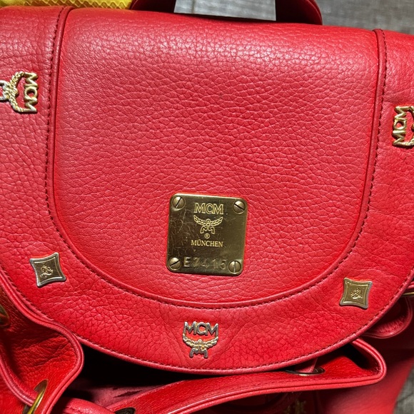 VTG MCM  Red Leather Backpack with Gold Accents - Picture 7 of 16
